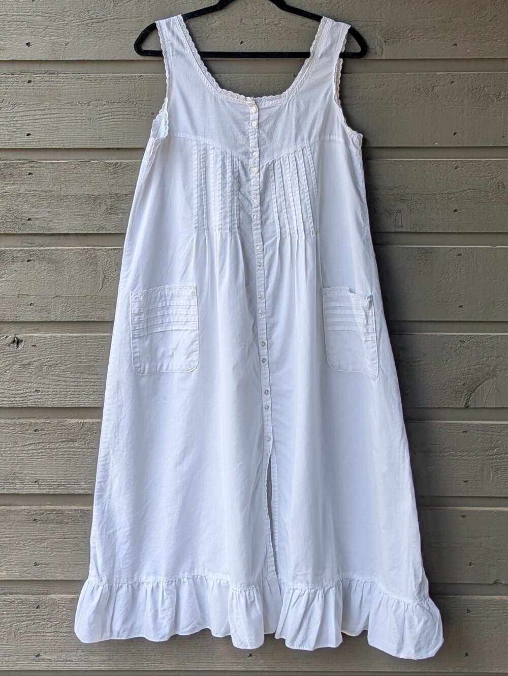 VTG 80s Cotton Nights Long Line White Button Front Nightgown Pockets Small